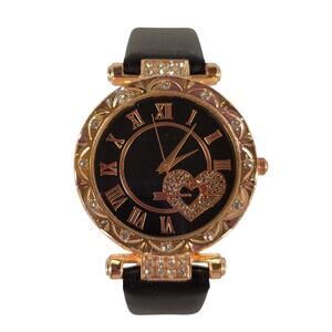 Rose Gold Watch w/ Black Strap, Heart Detail, Rhinestones, 1.35" Case